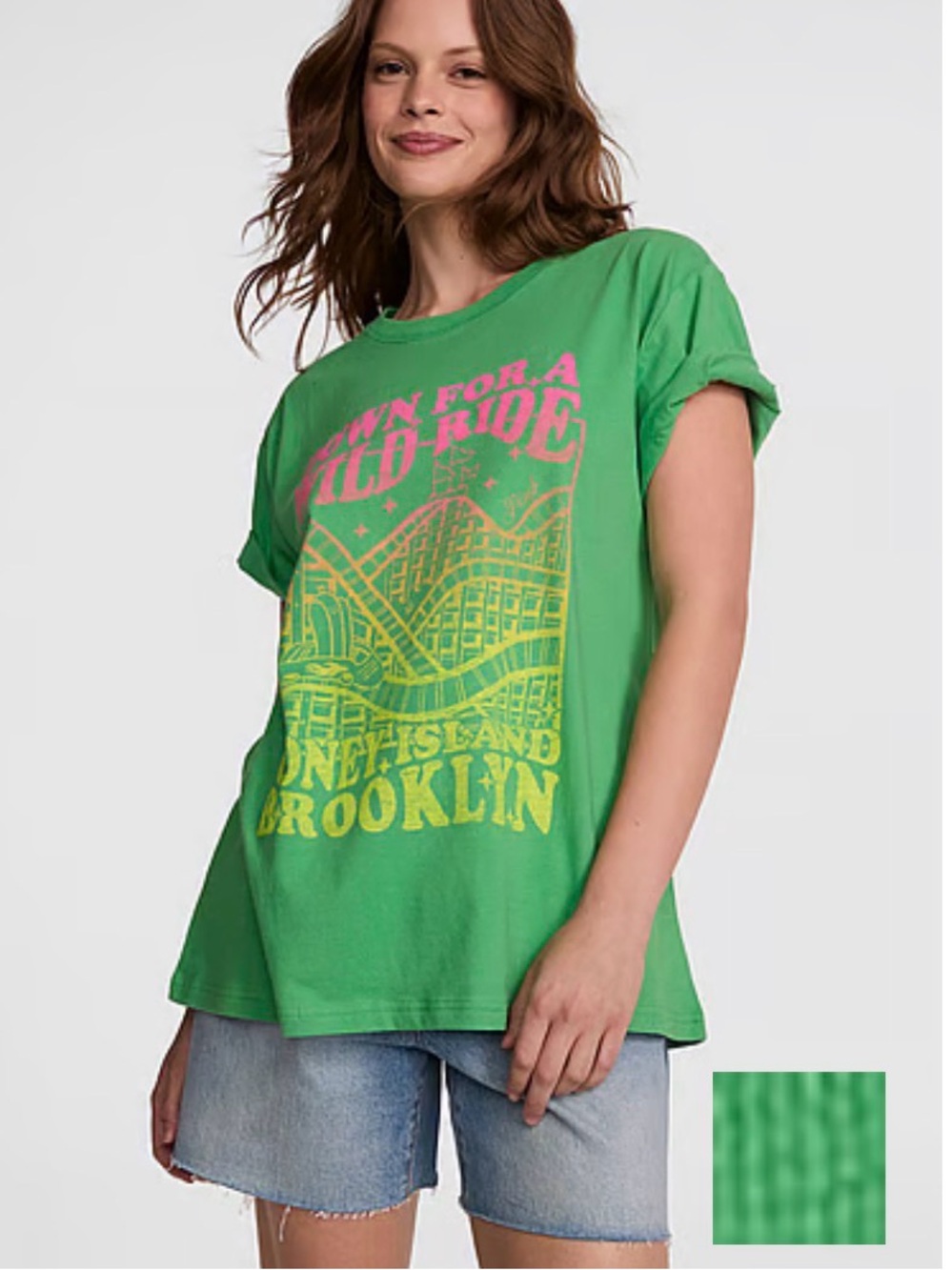 NEW! PINK Victorias Secret Green Graphic 'Coney Island Brooklyn' Tee